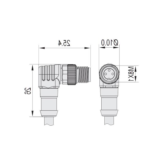  M8 3Pin, male head 90°, single-end precast cable, welding slag resistant PUR material, orange sheath, 63T541-XXX